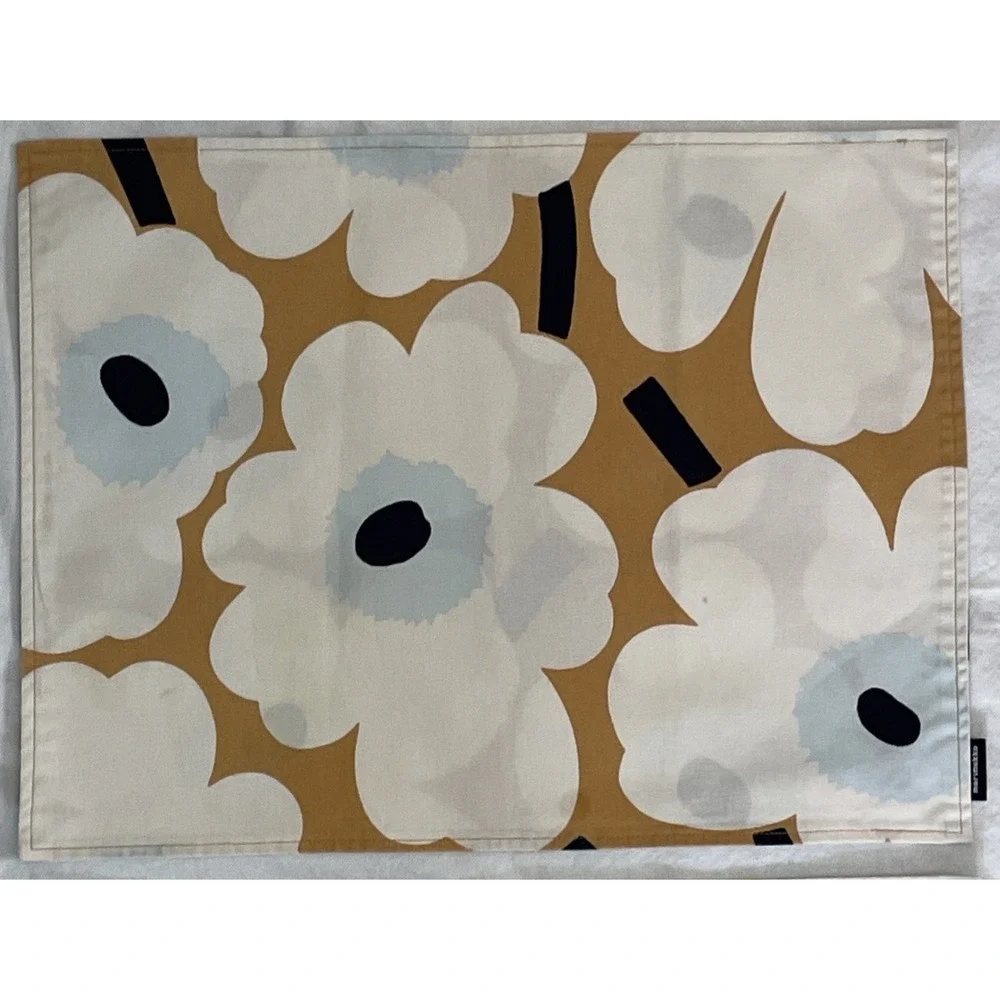 Vintage Marimekko Pieni Unikko Placemats Set of 4 Floral Gold White Black Blue
